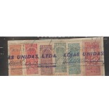 CONJUNTO DE 06 SELOS FISCAIS DO TESOURO NACIONAL,CARIMBADOS PELAS LOJAS REUNIDAS LTDA. , DATADOS DE 31.12.58 - 7538